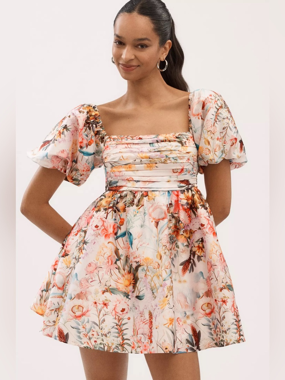 NWT Anthropologie Nina Puff-Sleeve Square-Neck Floral Taffeta Mini Dress